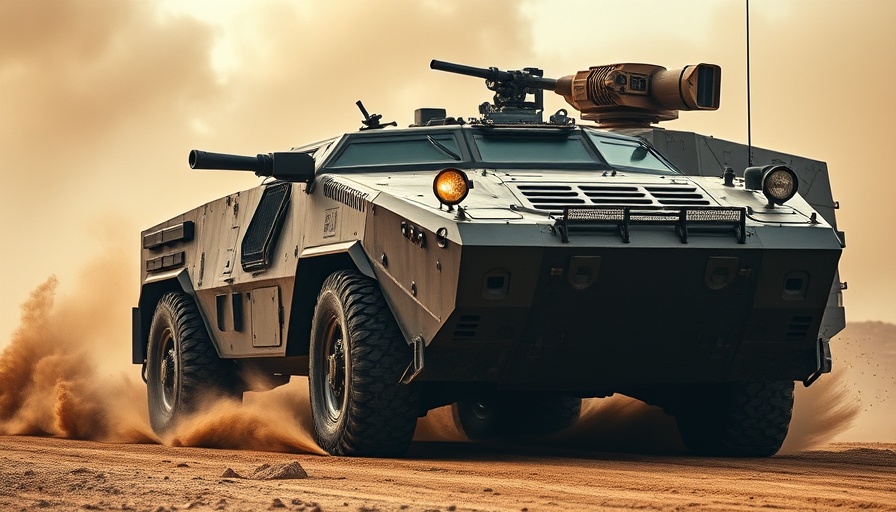 Robust armored military vehicle navigating desert terrain.