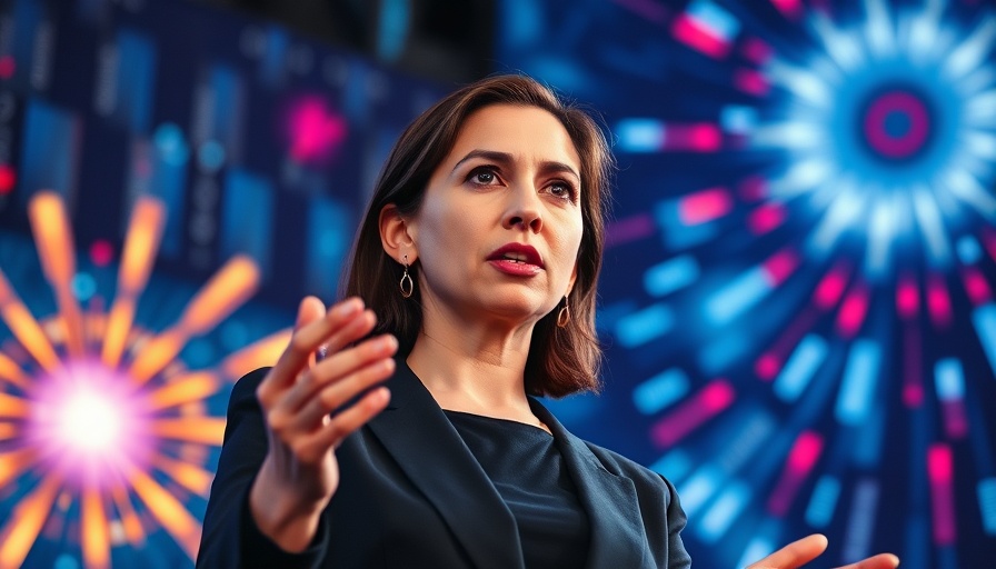 Woman discusses AI regulations with futuristic backdrop