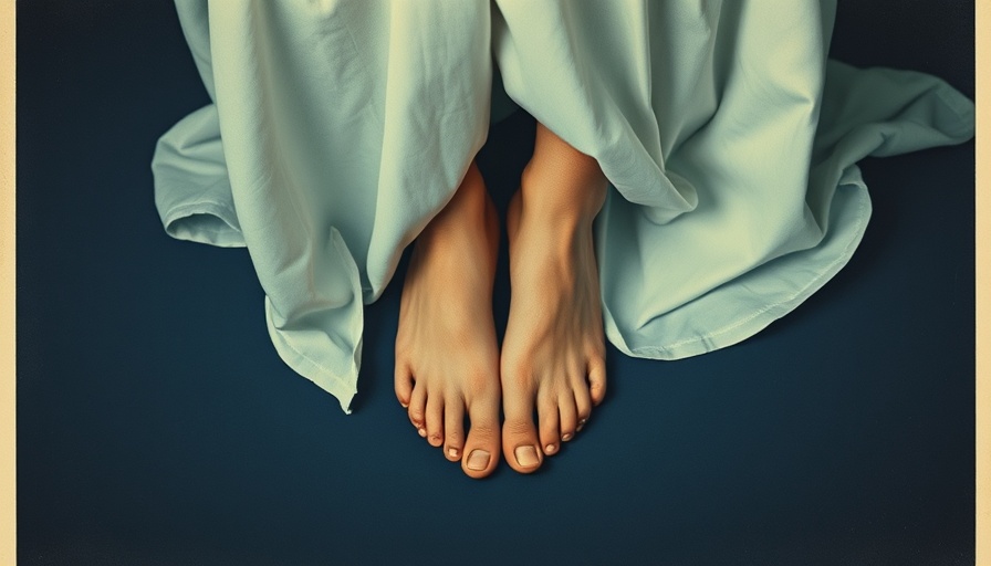 Surreal illustration of feet with toe tag under sheet.