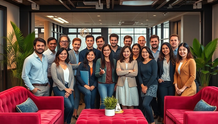 Google AI Strategy team in modern office setting, vibrant furniture.
