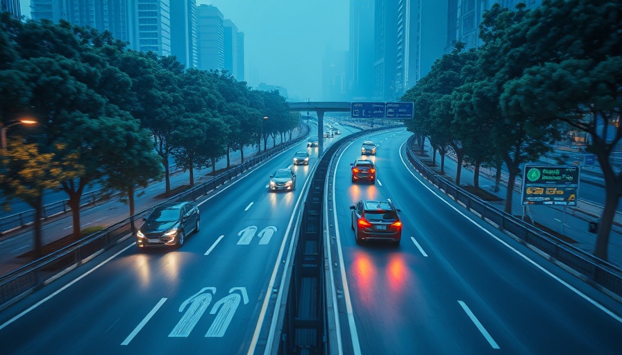 Futuristic highway with autonomous vehicles and digital overlays.