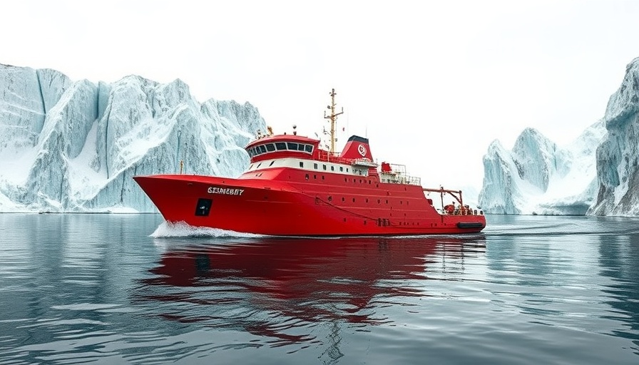 Arctic icebreaker near the doomsday glacier in calm waters.