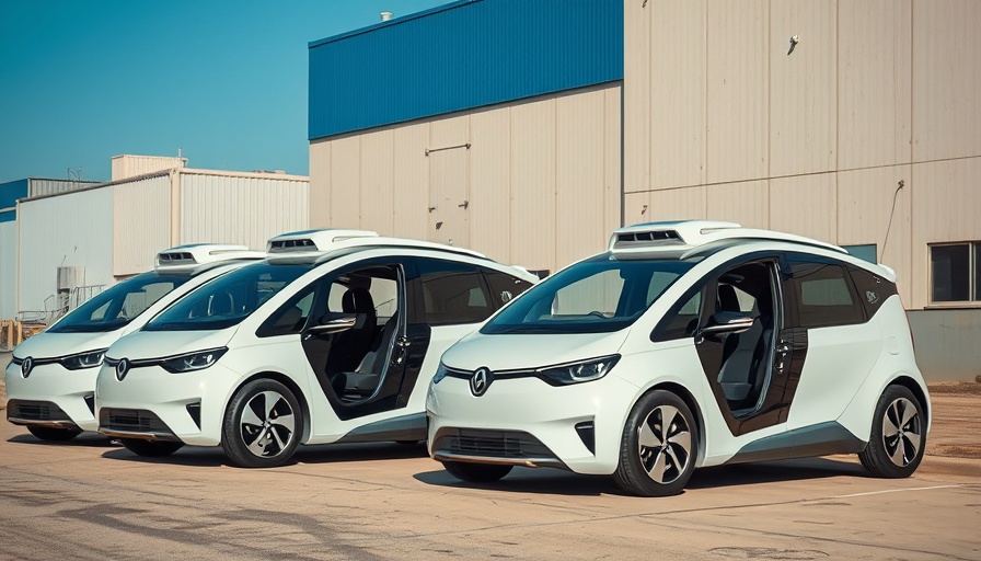 Modern vehicles with autonomous tech parked in front of an industrial building.