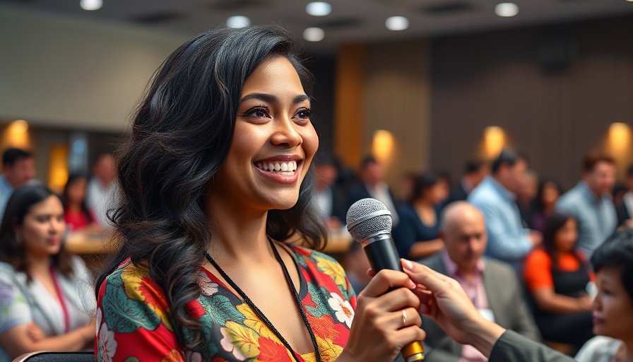 Data-powered AI conference: woman interviewed with microphone.
