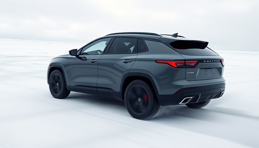 Futuristic SUV driving on snowy landscape, motion blur effect.