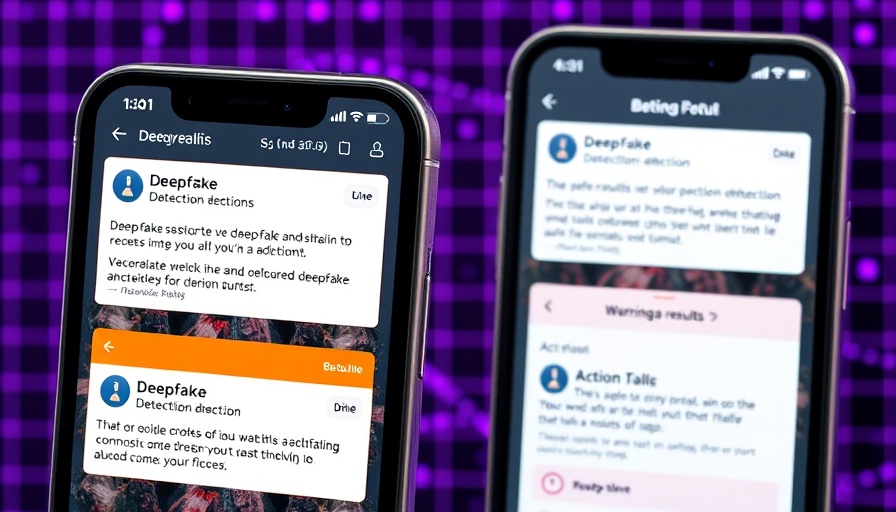Mobile app UI for free deepfake detection service with results screens.