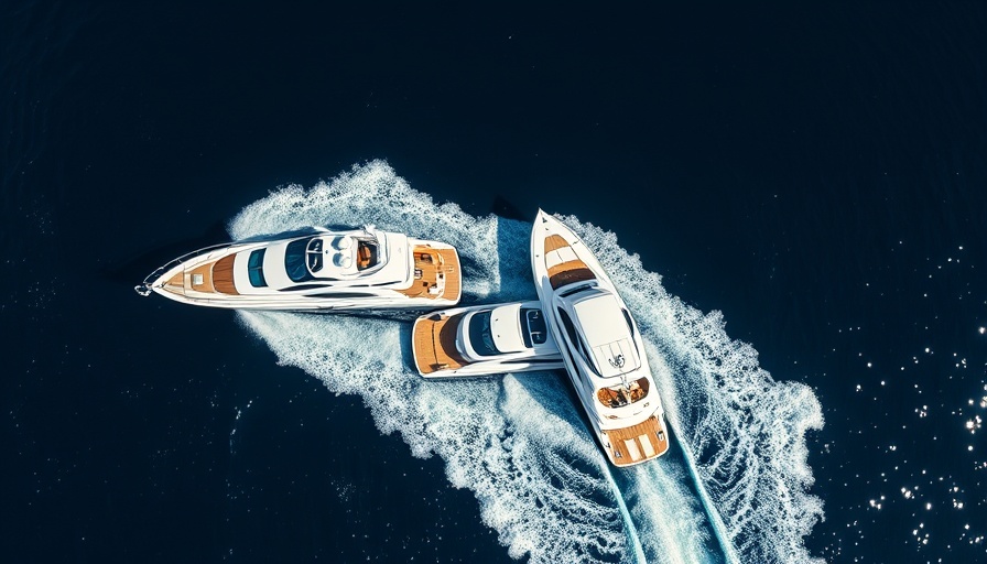Luxury yachts cruising in blue sea with dynamic trails.