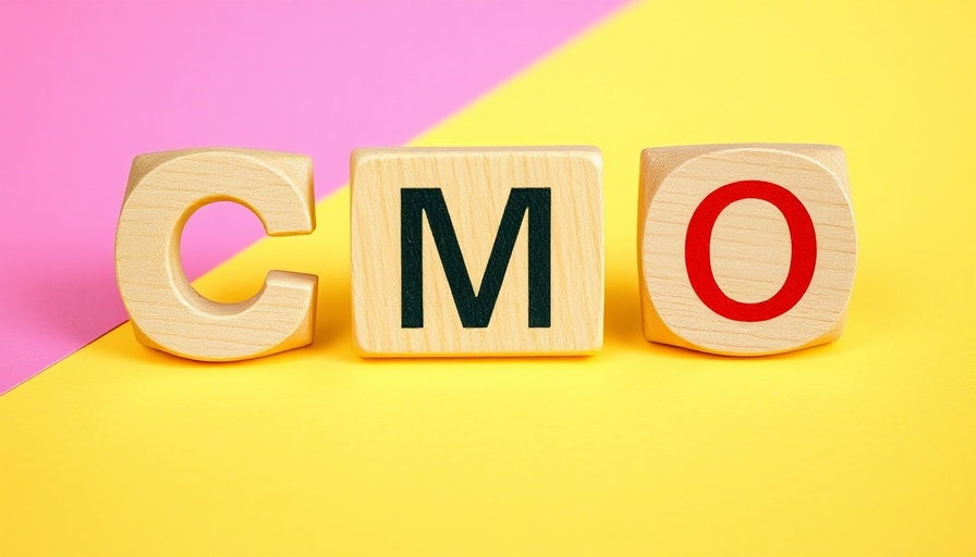 Colorful CMO blocks on pink-yellow split background, Fortune 500 theme.