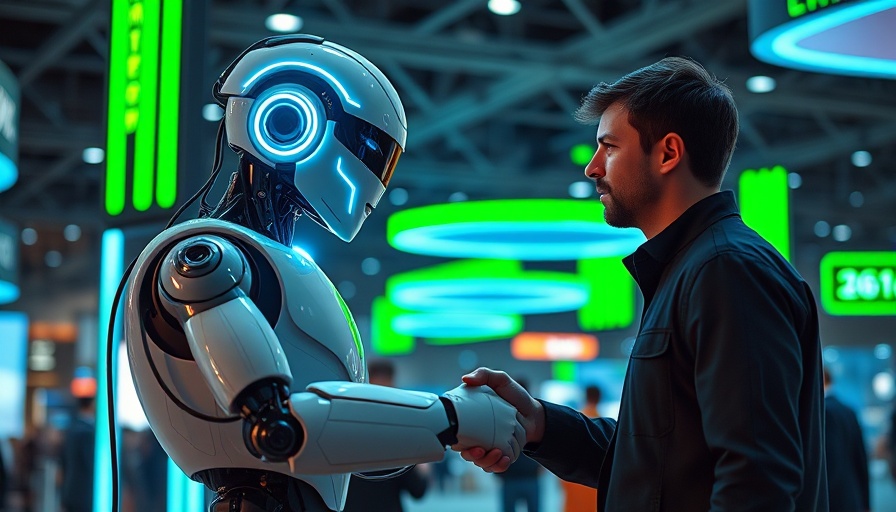 AI robot shaking hands at a tech expo with neon lights.