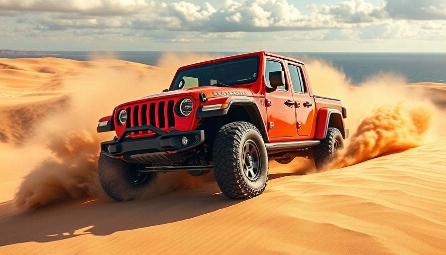 Red Jeep Gladiator driving on sandy beach dunes, Leno's Law California classic cars.