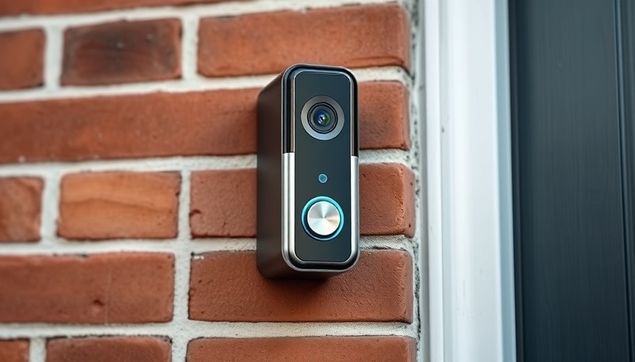 Video doorbell with no monthly fees mounted on a brick wall.