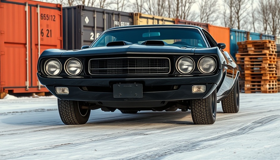 Vintage muscle car against shipping containers, showcasing classic design.