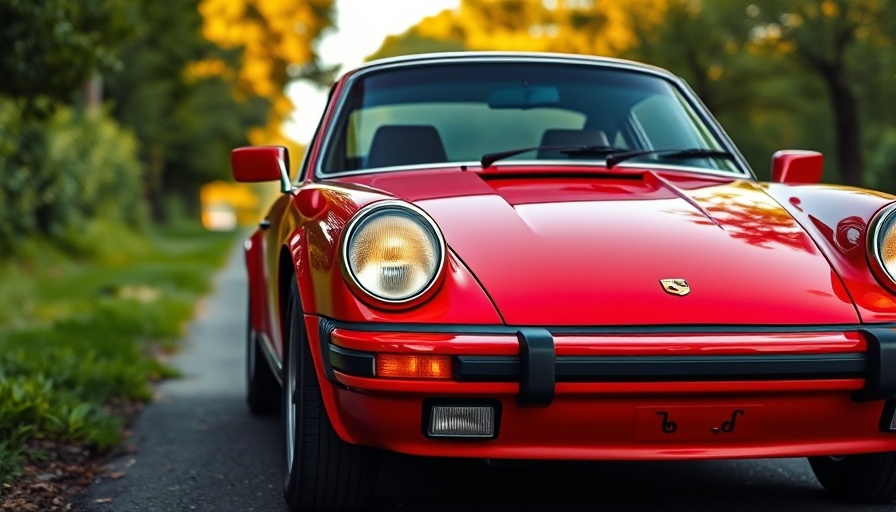 Classic red Porsche 911 with headlights on, featured in a lush setting.