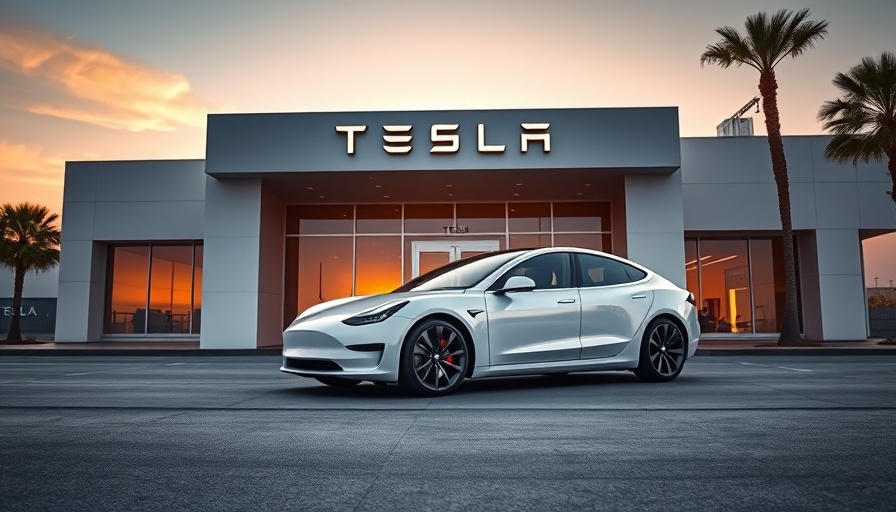 Tesla trade-ins at dealership with cars at sunset.