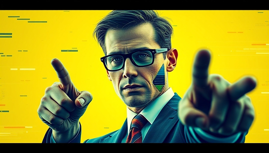 Digital glitch face on business person pointing, control AI agents theme