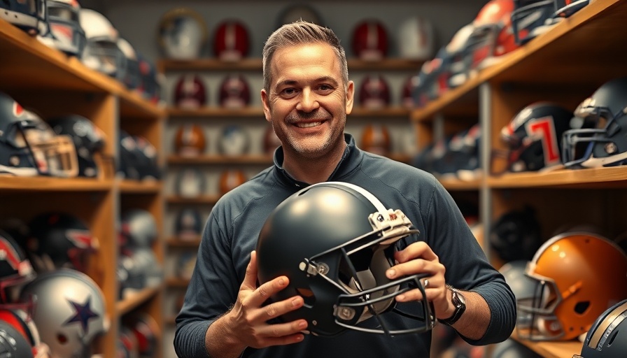 Man discussing NIL marketing strategies in sports memorabilia room.