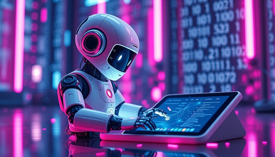 Futuristic scene of a robot interacting with digital tablet and binary code.
