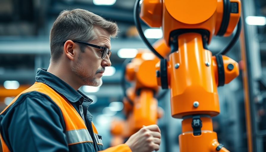 Engineer with tablet and robotic arm in a modern industrial setting.