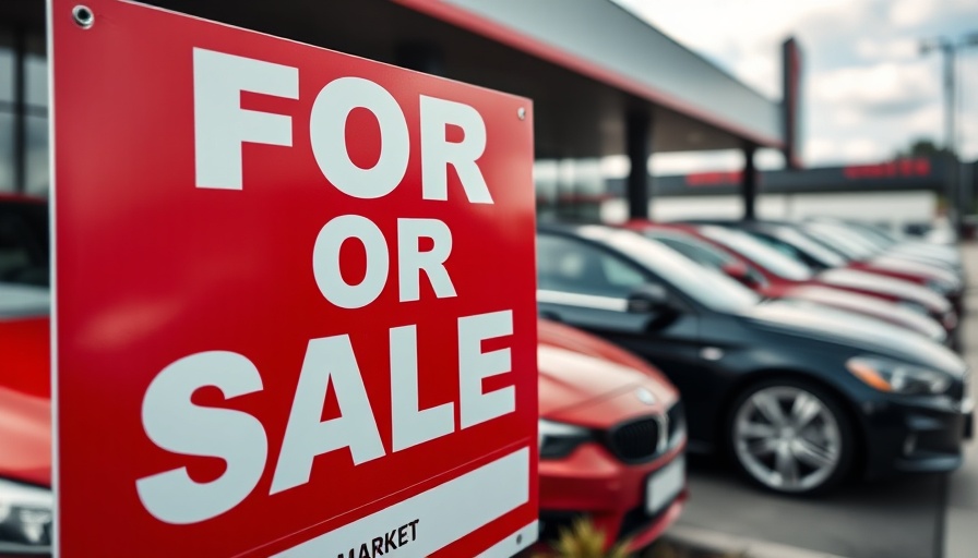 Dealership buy/sell market scene with 'For Sale' sign and cars.