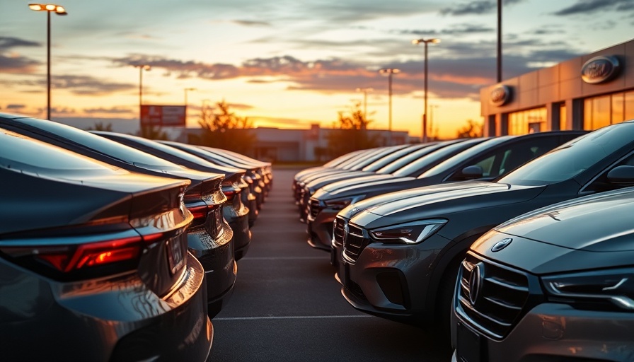 Row of cars in dealership lot at sunset; credit scores in auto lending.