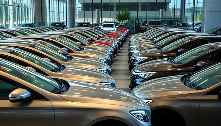Rows of parked cars in dealership showcasing upcoming auto levies.
