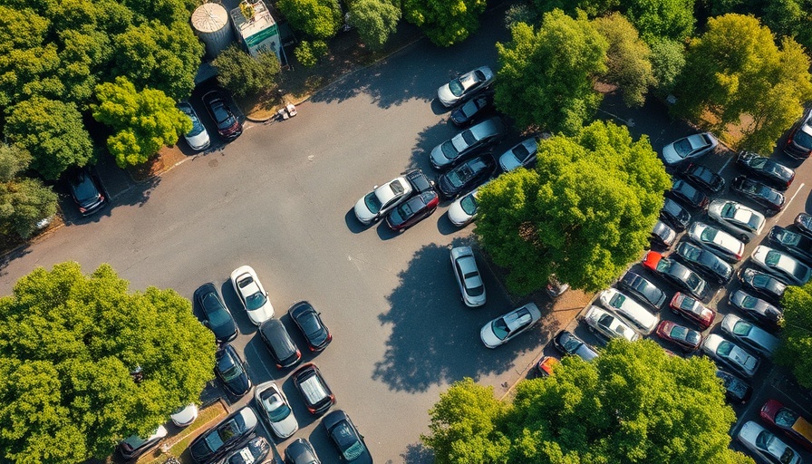 Aerial view of parked cars in a spacious lot, vibrant and organized.