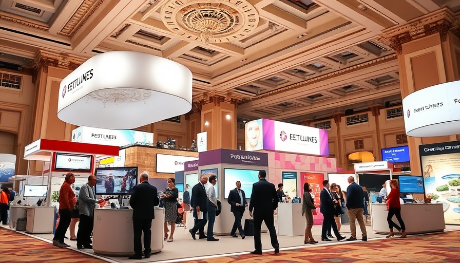 AI-assisted lead engagement tools booth at convention with signage and people.