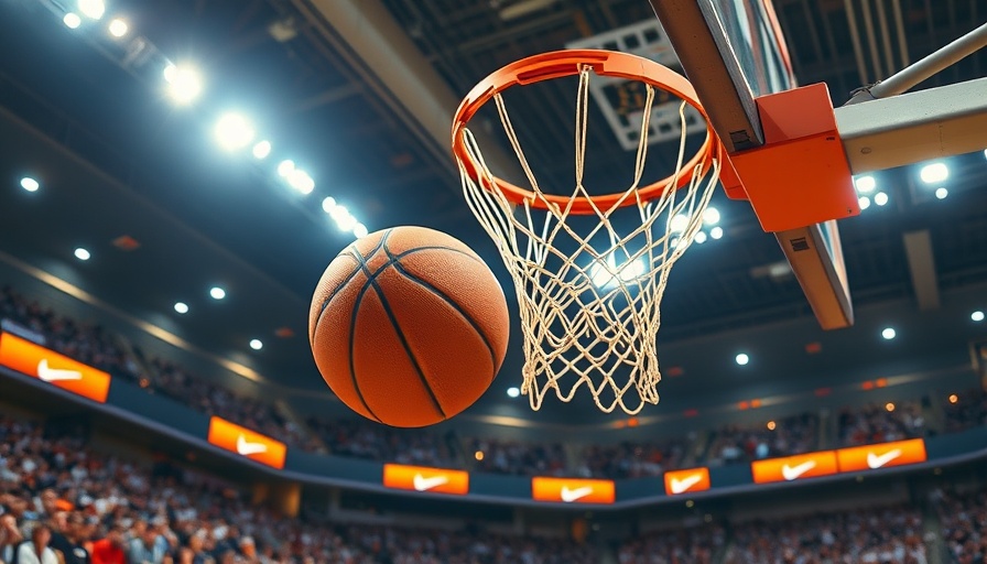 Basketball in motion toward hoop under stadium lights.