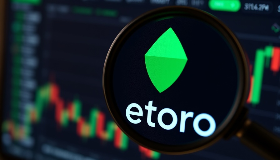 Magnified eToro logo on a cryptocurrency trading screen illustrating IPO growth.