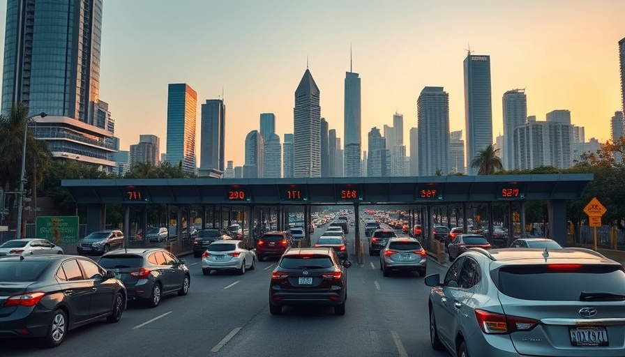 Cars approaching urban toll plaza with skyscrapers in the backdrop, city evening.