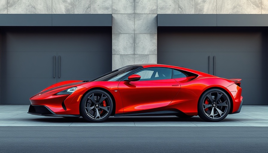 Modern red sports car parked in front of a building, California EV chargers exceed gas pumps.