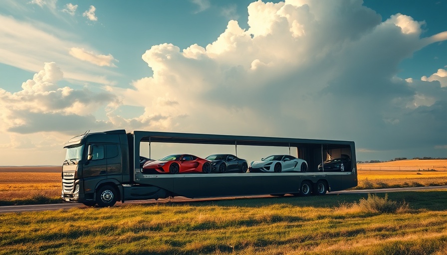 Sleek transport truck with luxury cars in the countryside.