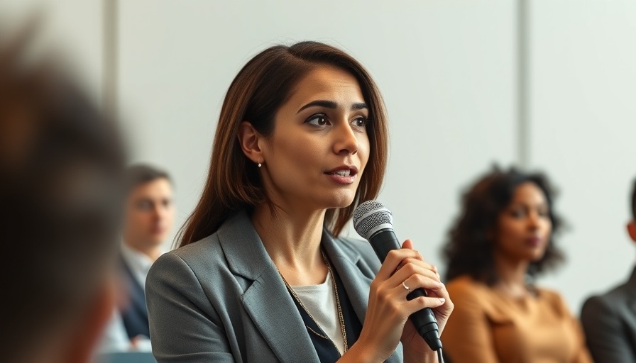Professional woman speaking on leadership change, indoor conference setting.