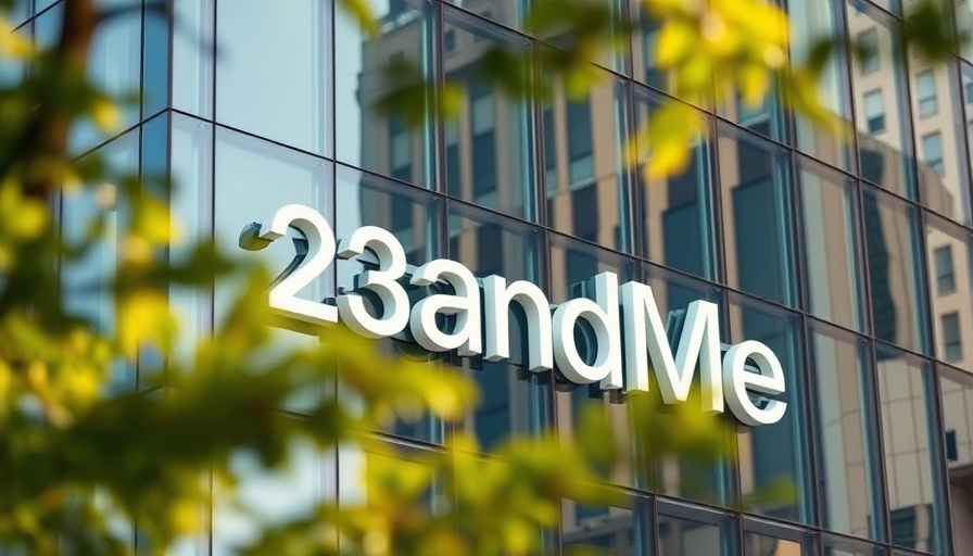 Close-up of 23andMe sign with glass building and tree branches