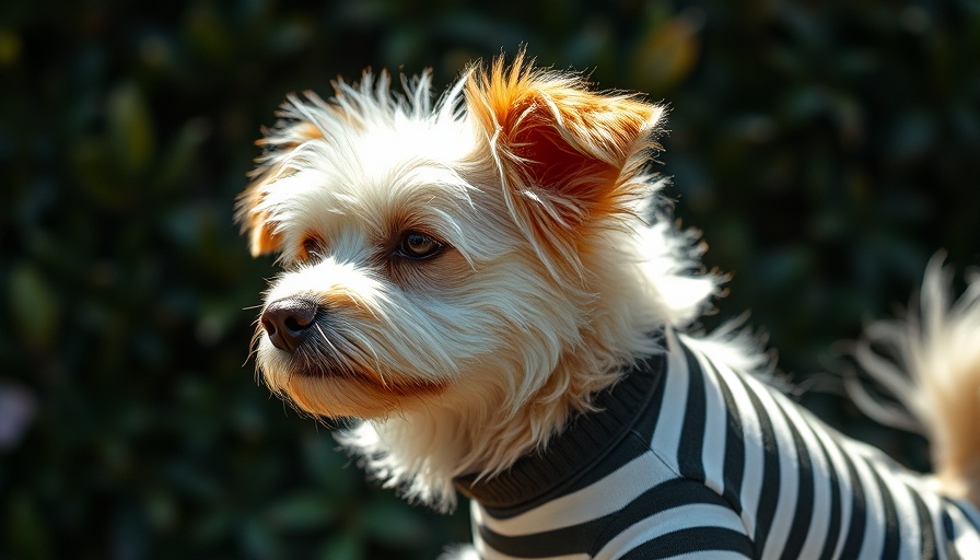 Fluffy dog in striped shirt under sunlight, reflecting leadership.
