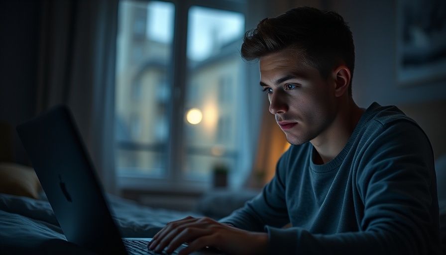Young man using laptop, heavy ChatGPT use, in dimly lit room.