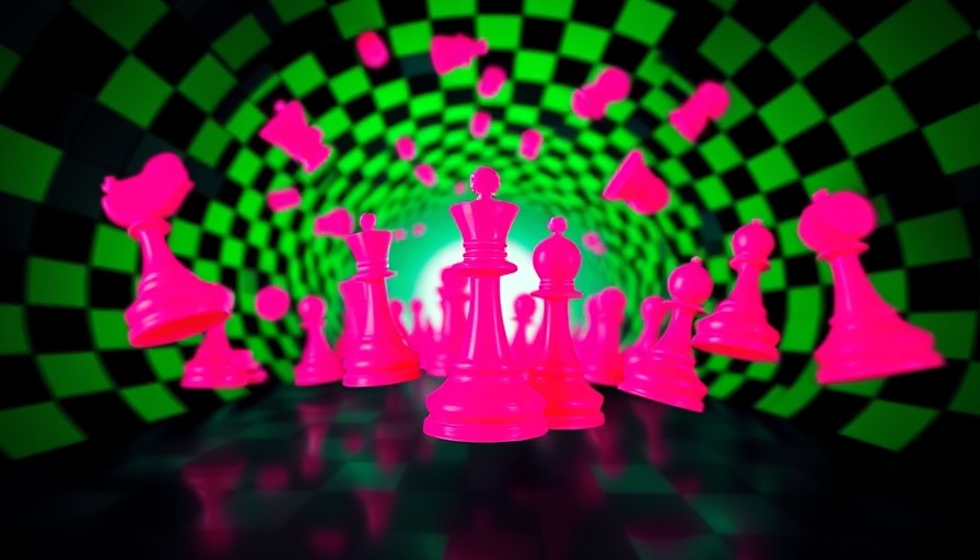 Surreal pink chess pieces in a checkered tunnel, creating spare human bodies.