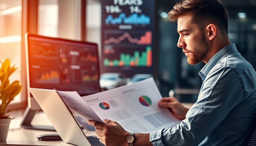 Office worker analyzing auto sales data on laptop.