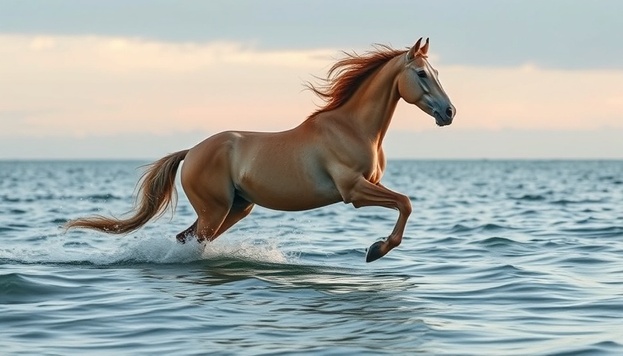 Serene photorealistic horse galloping on ocean, OpenAI Image Generator for Designers and Advertisers.