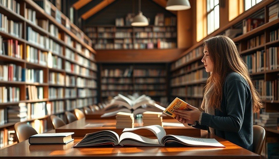 Two people in a library discussing with open books on the table.