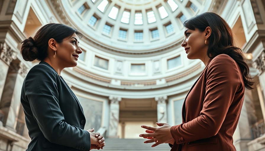 Federal workers discussing new jobs in Texas under a dome in a historic building.