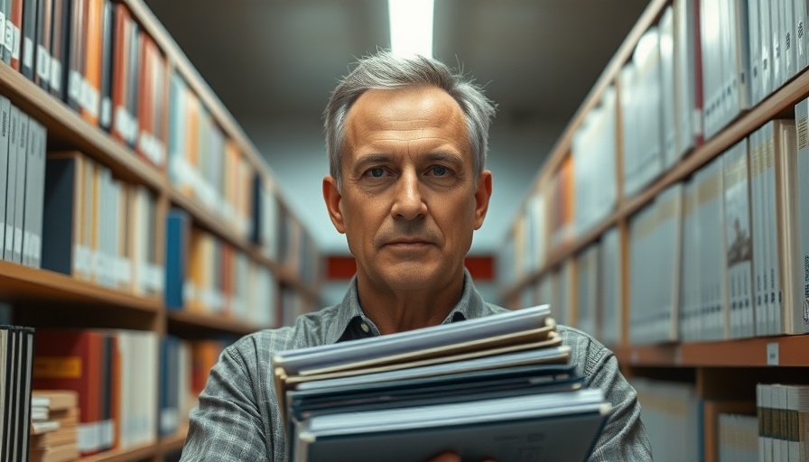 Federal workers reactions to government cuts, man with folders in library