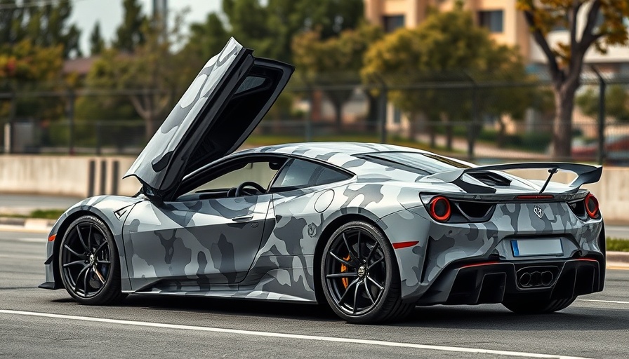 Prototype sports car parked outdoors with open driver's door.
