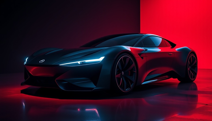 Futuristic car with glowing lights in a dark red setting.