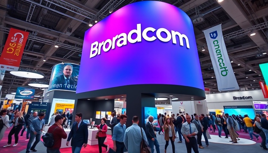 Broadcom booth at tech conference, highlighting optical networks for AI data centers.