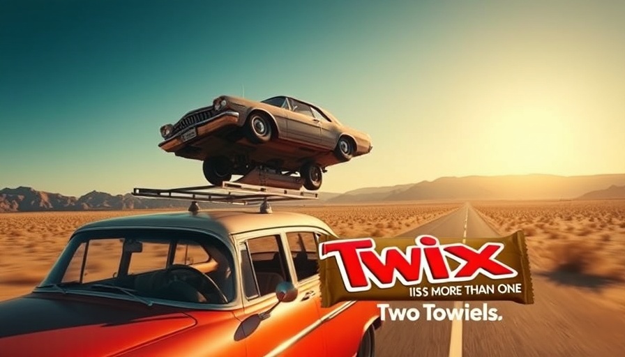 Twix new brand identity, two cars, one upside-down, in desert with slogan.