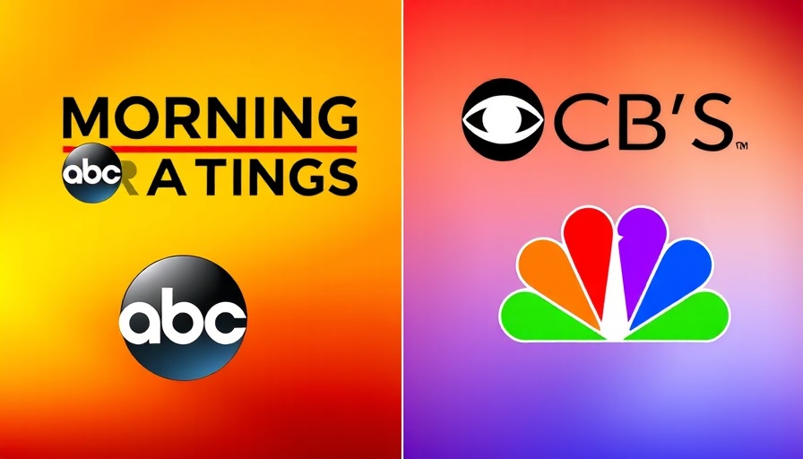 Logos of Morning News Ratings, ABC, CBS, NBC in vibrant split-screen design.