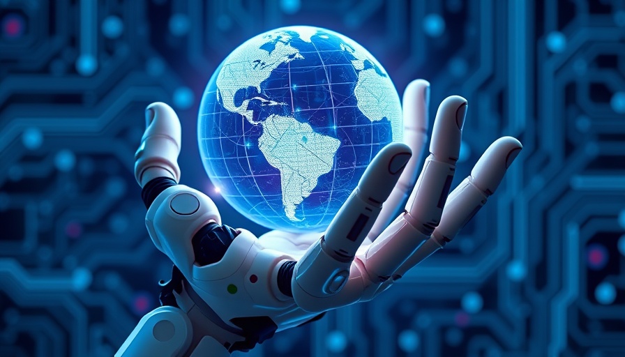 Futuristic robotic hand with digital globe symbolizing AI-powered tech decision making in a high-tech background.