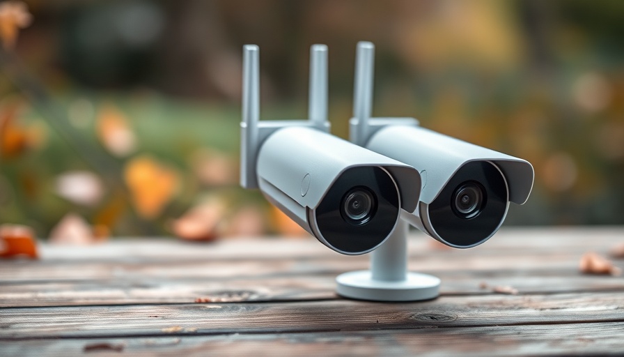 Sleek outdoor security camera on wood in natural setting.