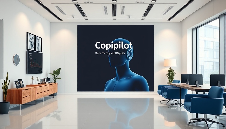 Microsoft 365 Copilot AI agents promotion in modern office interior.